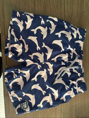Tom & Teddy Navy Swim Trunks with White Dolphin Print